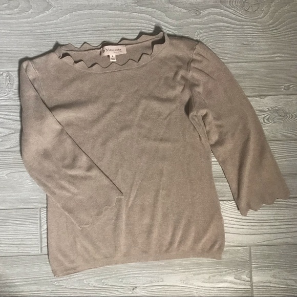 PHILOSOPHY Beige Tan Scalloped Edge Lightweight Elbow Length Sleeve Sweater - Picture 3 of 7